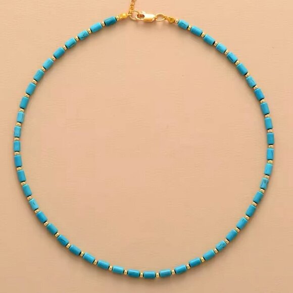 Hand Crafted Jewelry - NWT Boho Beaded Choker Necklace Turquoise & 18K Gold Plated Beads 16” Western